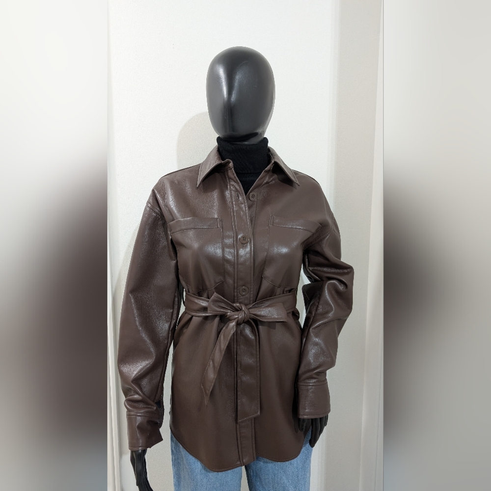 Babaton Dark Brown Faux  Leather Belted Jacket